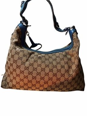 Gucci Beige Monogram Canvas Shoulder Bag with Blue Leather Trim